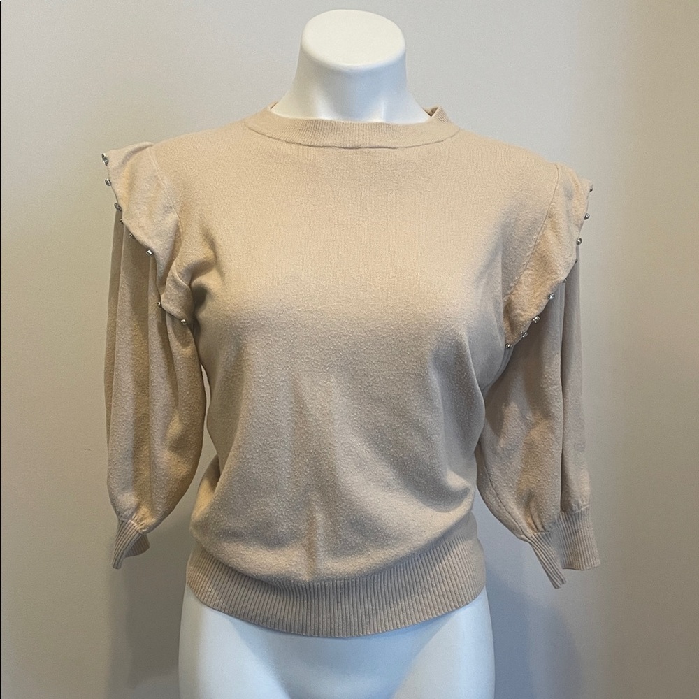 Taupe Ruffle Shoulder Knit Sweater
